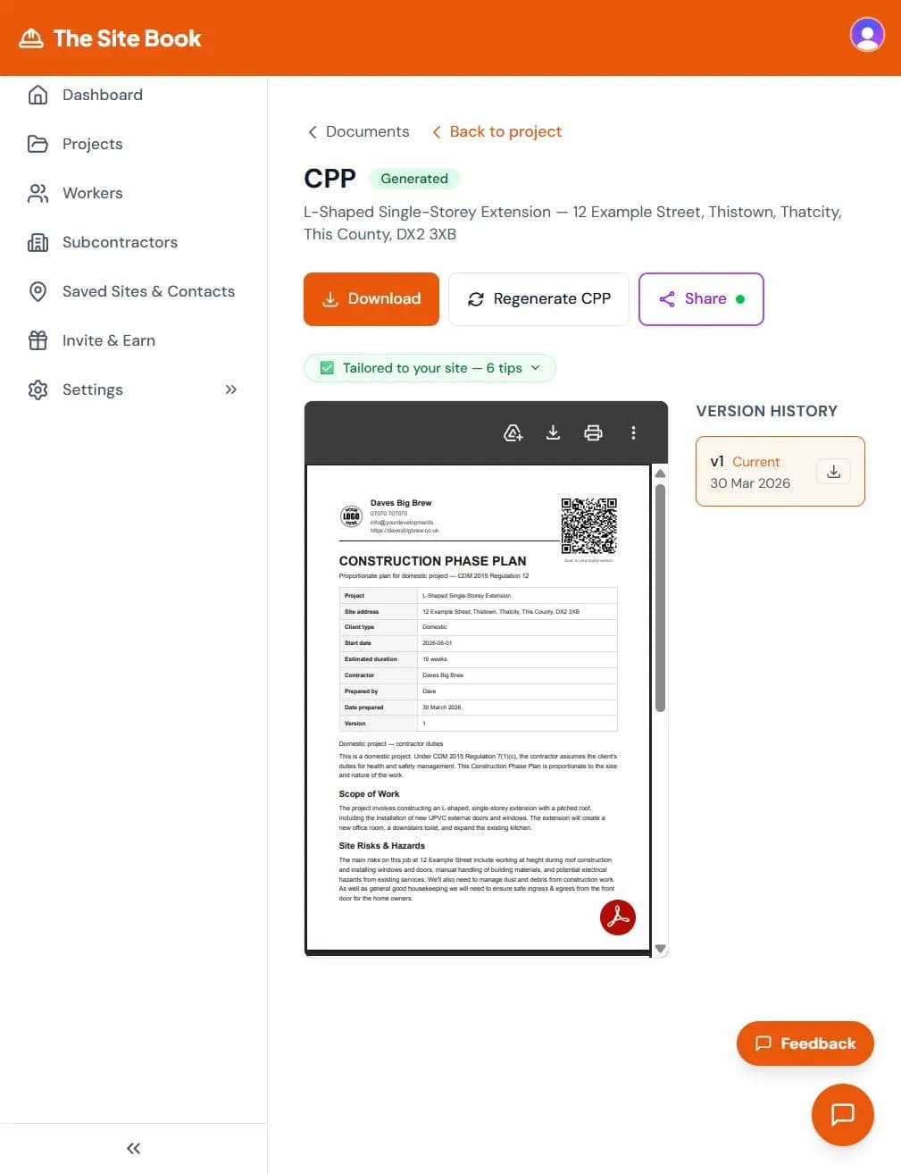 Generated Construction Phase Plan in The Site Book with embedded PDF preview showing project details and site hazards