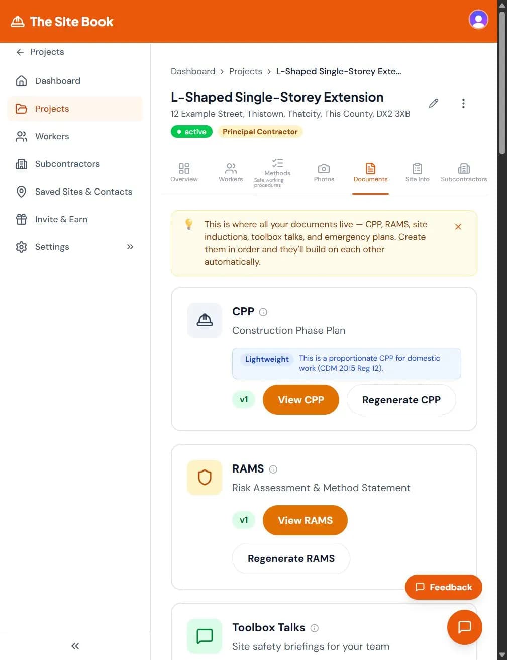 Documents tab in The Site Book showing generated CPP and RAMS documents with view and regenerate options