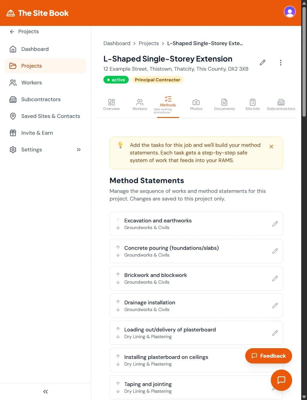 Method statements editor in The Site Book showing editable sequence of works for a construction project