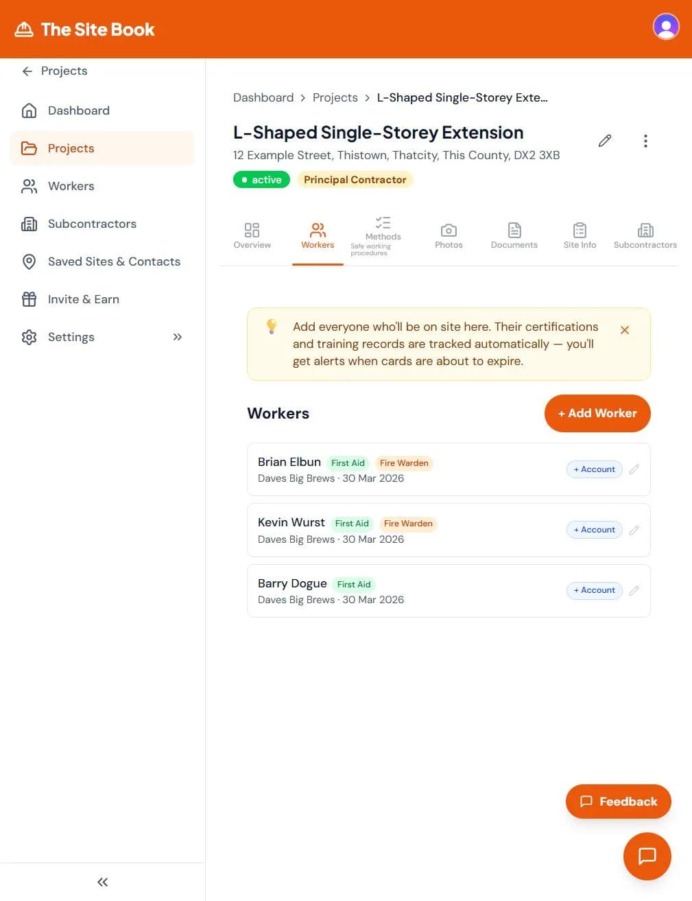 Worker tracking in The Site Book showing team members with First Aid and Fire Warden certification badges